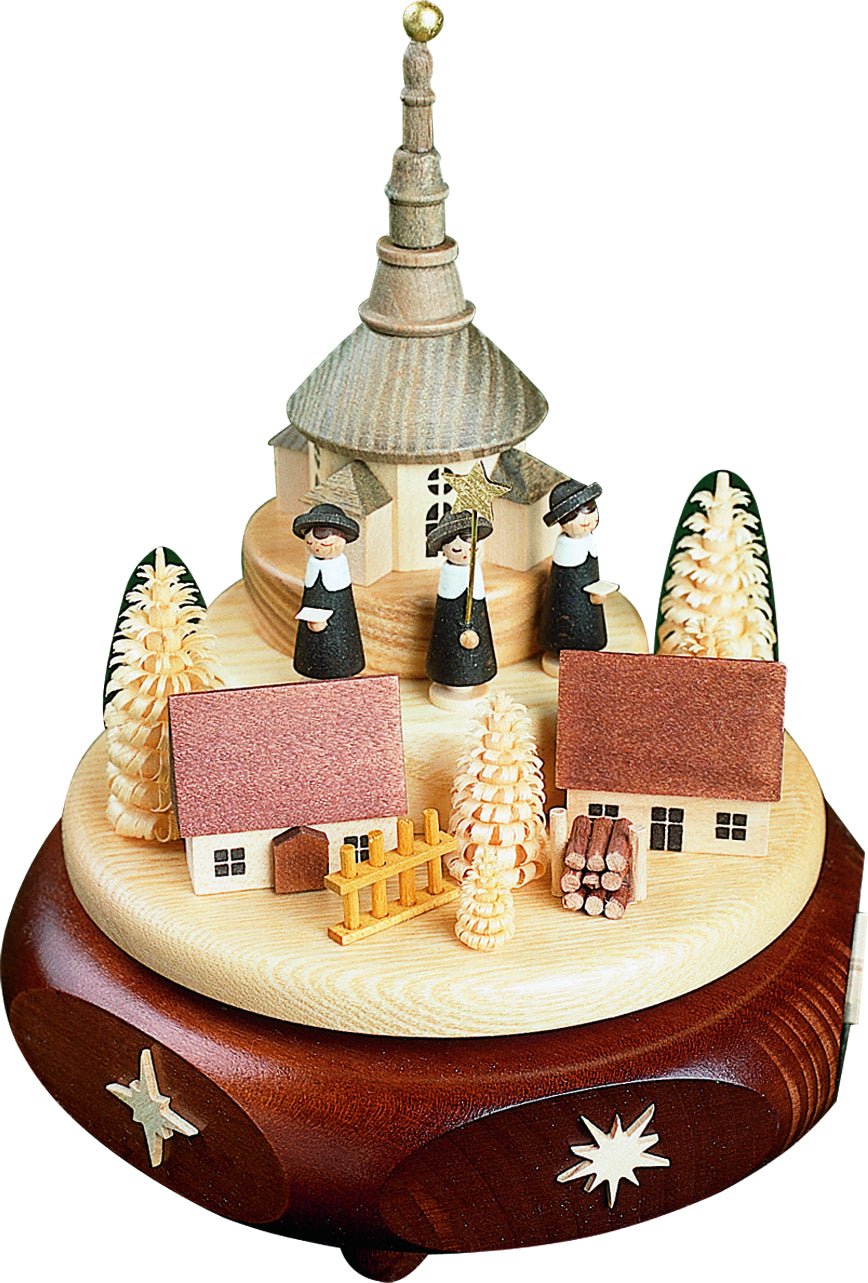 RGL - 08823 - Glässer Volkskunst 'Spieldose Seiffen Kirchdorf m. Kurr. - Sänger, 22st. Spw. Stille Nacht'