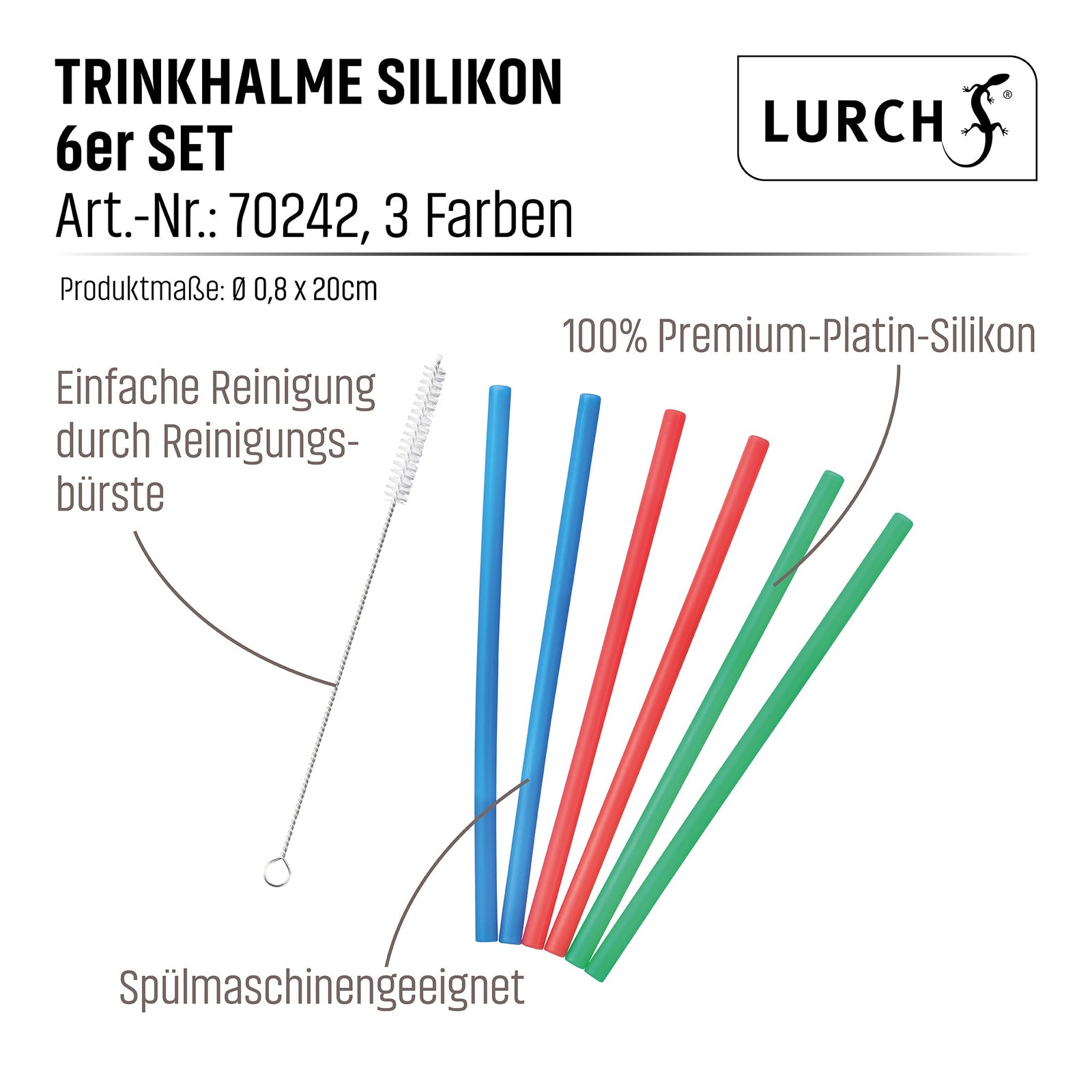 LUR - 00070242 - Lurch, Trinkhalme Silikon 20cm, 6er Set inkl. Reinigungsbürste