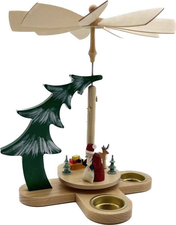 RGL - 15876 - Pyramide Tanne, Glässer Volkskunst, Weihnachtsmann mit Rentier für Teelichter, 27cm