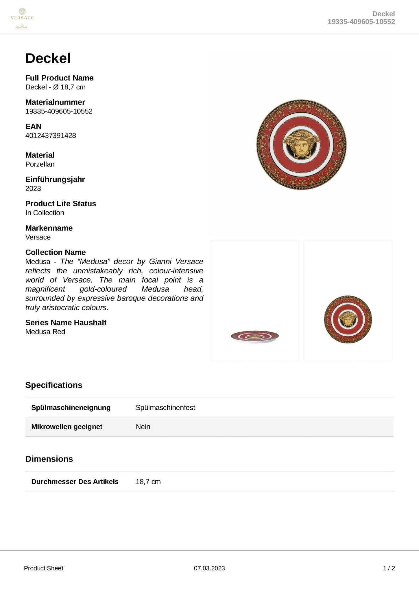 19335 - 409605 - 10552 - Rosenthal Versace - Medusa 'Deckel zu Bowl 18 cm' 2023