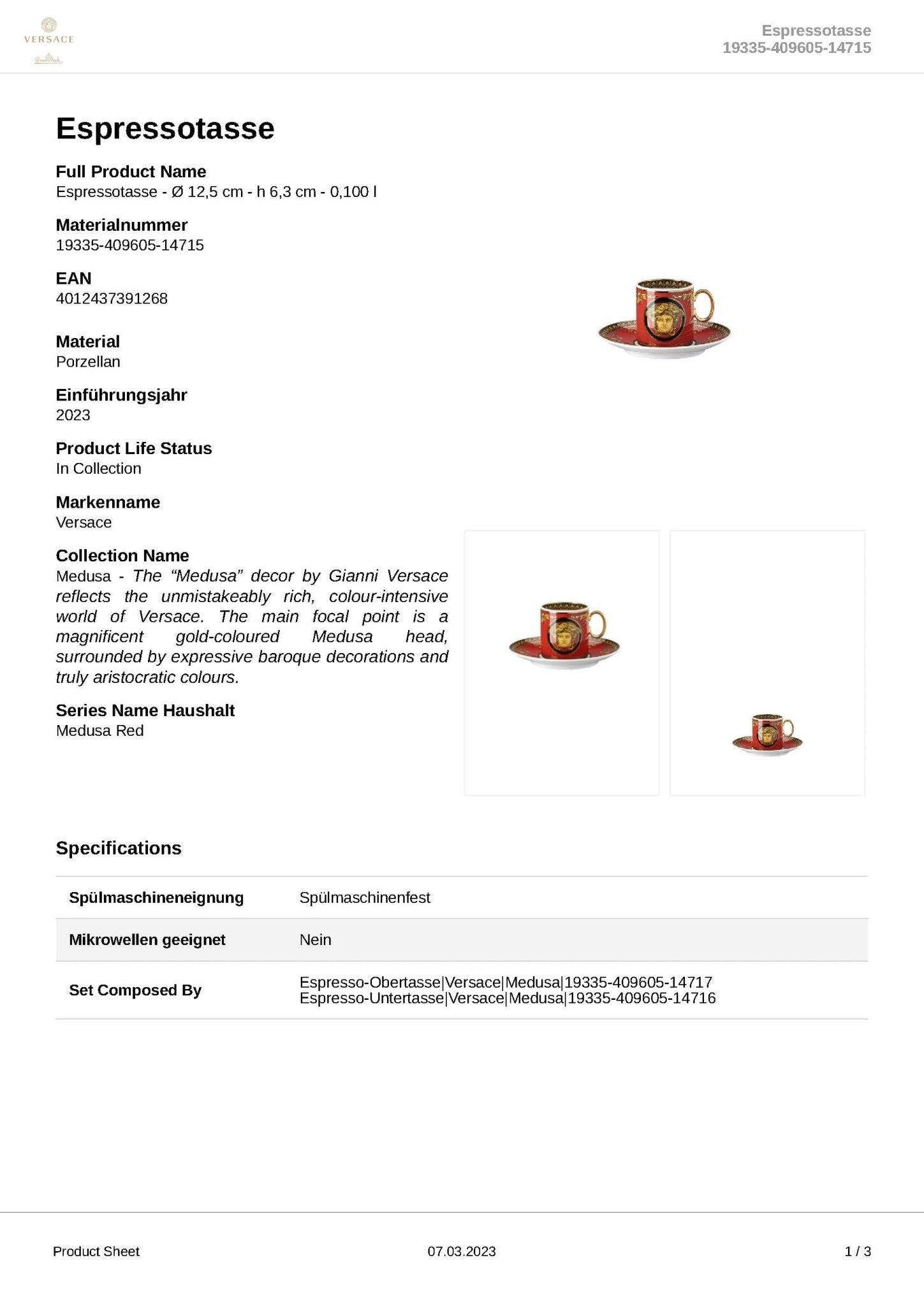 19335 - 409605 - 14715 - Rosenthal Versace - Medusa 'Espressotasse 2 - teilig' 2023