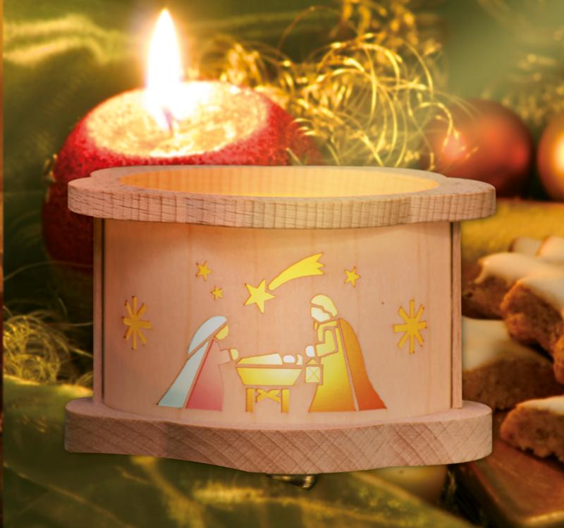 Teelichtlaterne aus Holz, Christi Geburt, Glässer Volkskunst, 5,5cm-RGL-4388