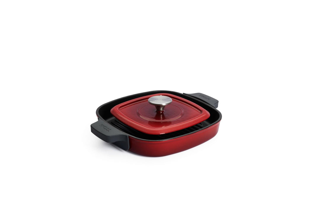 WOLL 'Iron Steakpfanne mit Rillen und Steakpresse in Chili Red 24x24 cm, 4,5cm'-WO624-2CI-010